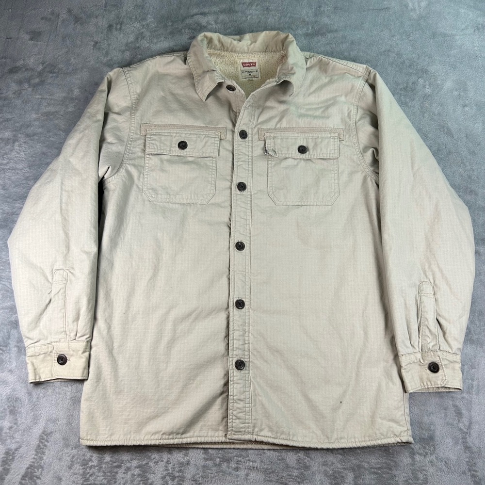 Levis Mens Sherpa Lined Ripstop Shirt Jacket Tan Beige Workwear Size M Regular